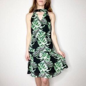 BELLE VERE Black Palm Leaf Print Halter Dress 4